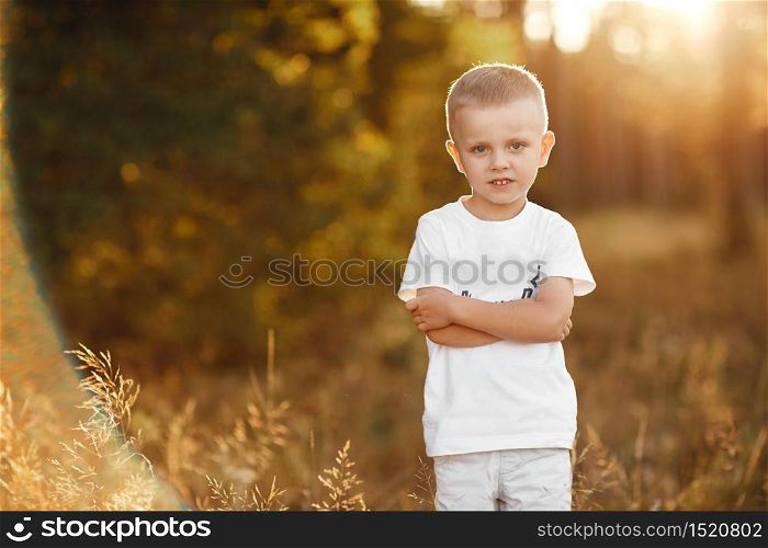 Portrait of little boy with blond hair and a white shirt near. portrait at sunset.. Portrait of little boy with blond hair and a white shirt near. portrait at sunset