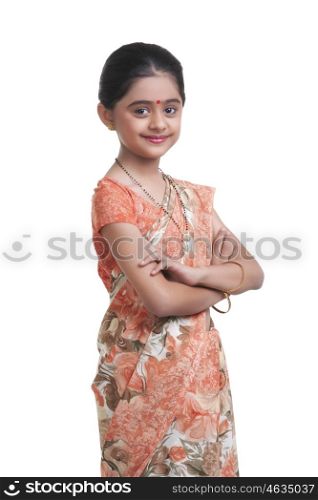 Portrait of little girl dressed as housewife
