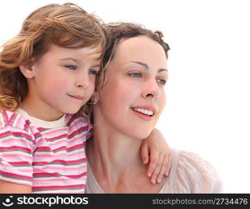 portrait of little girl embracing her mother, half body, isolated on white