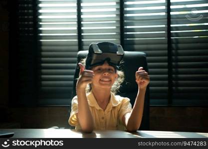 Portrait of little girl in office room of house with gestures that are expressed when playing virtual reality games