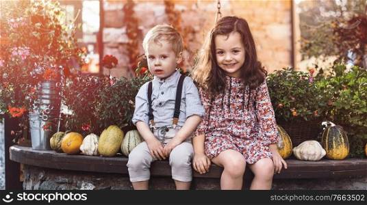 Portrait of little siblings on an autumnal farm