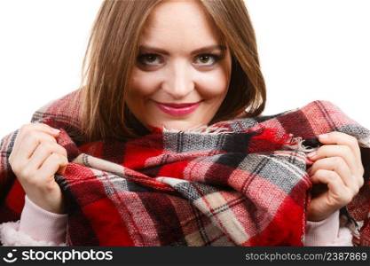 Portrait of long hair girl in bright sweater and warm woolen big scarf. Winter fashion.. Woman wearing scarf isolated