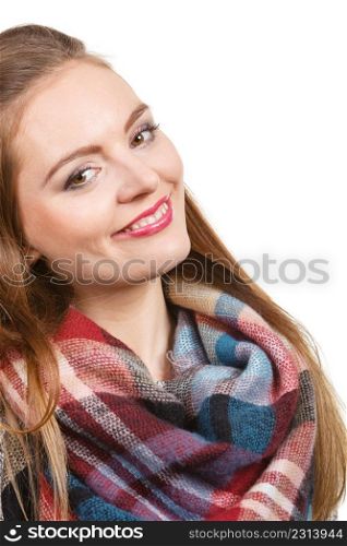 Portrait of long hair girl in gray sweater and warm woolen big scarf. Winter fashion.. Woman wearing woolen scarf