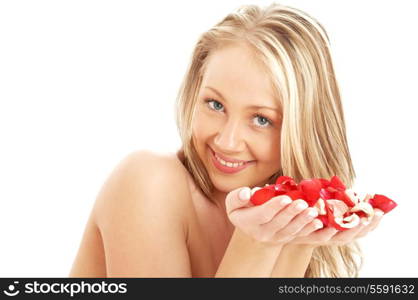 portrait of lovely blond in spa with red and white rose petals