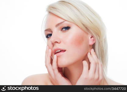 portrait of lovely blond over white background