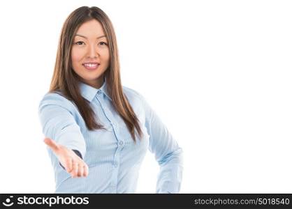 Portrait of lovely business woman offering handshake over white background