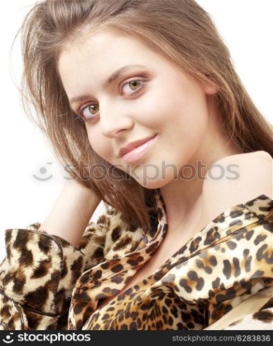 portrait of lovely girl in leopard pattern clothes