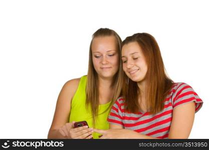 Portrait of lovely young girl teen using mobile phone together isolated on white