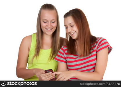 Portrait of lovely young women using mobile phone together isolated on white