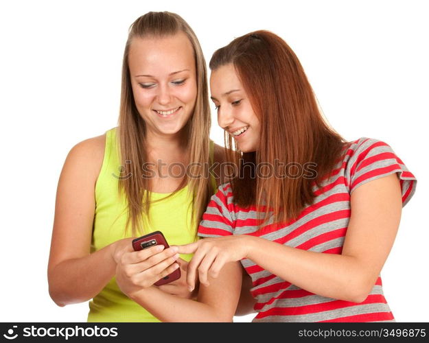 Portrait of lovely young women using mobile phone together isolated on white