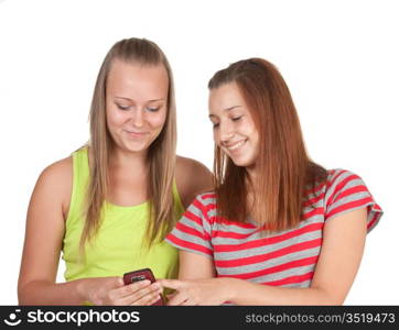 Portrait of lovely young women using mobile phone together isolated on white