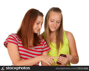 Portrait of lovely young women using mobile phone together isolated on white