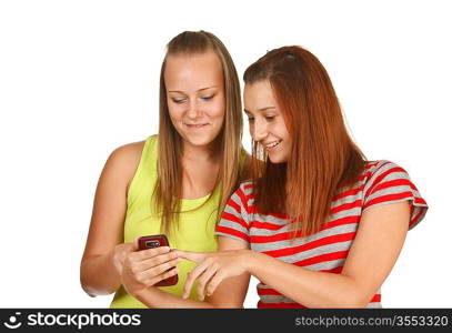 Portrait of lovely young women using mobile phone together isolated on white