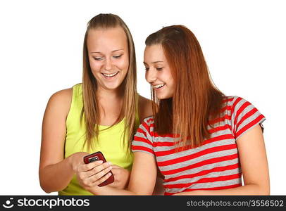 Portrait of lovely young women using mobile phone together isolated on white