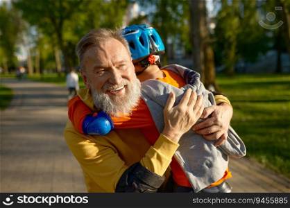 Portrait of loving grandparent hugging adorable grandson. Happy family and roller skating in park on weekend. Portrait of loving grandparent and grandson hugging after roller skating