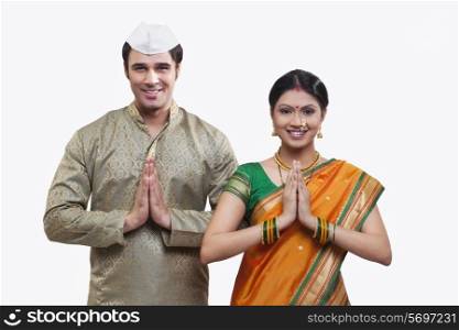 Portrait of Maharashtrian couple greeting