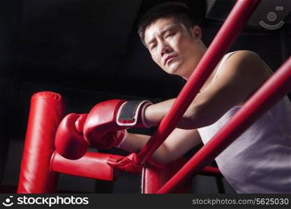 Portrait of male boxer resting his elbows on the ring side, low angle view