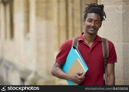 Portrait Of Male Student Carrying Files Outside University Building In Oxford UK