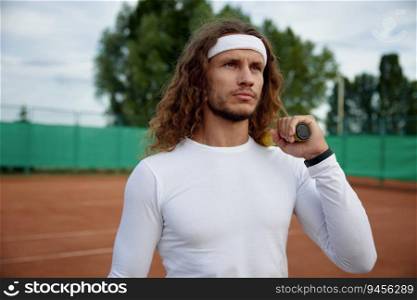 Portrait of male tennis player wearing trendy outfit ready for morning workout on outdoor court. Portrait of male tennis player ready for morning workout on outdoor court