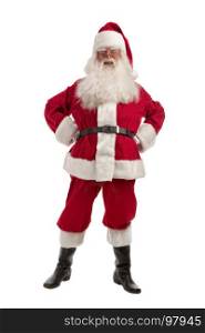 Portrait of Man in Santa Claus Christmas Costume - with a Luxurious White Beard, Santa's Hat and a Red Costume - in Full Length on a White Background