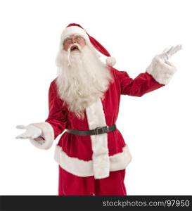 Portrait of Man in Santa Claus Christmas Costume - with a Luxurious White Beard, Santa's Hat and a Red Costume - in Full Length on a White Background
