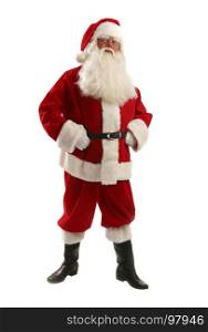 Portrait of Man in Santa Claus Costume - with a Luxurious White Beard, Santa's Hat and a Red Costume - in Full Length on a White Background