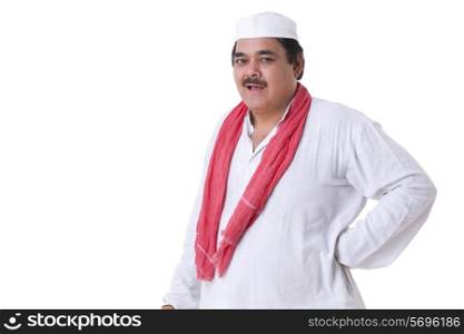 Portrait of man politician standing over white background