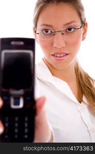 portrait of manager showing cell phone on an isolated white background