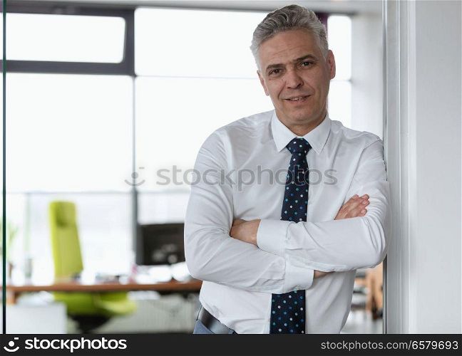 Portrait of mature businessman with arms crossed leaning in doorway at office