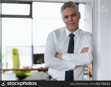 Portrait of mature businessman with arms crossed leaning in doorway at office