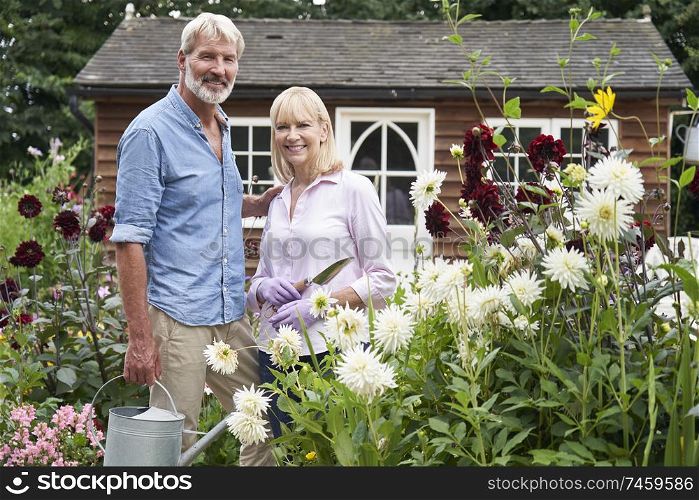 Portrait Of Mature Couple Working In Flower Beds In Garden At Home