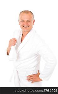 Portrait of mature man wear bathrobe hold towel isolated