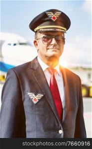 Portrait of mature pilot standing against airplane in airport