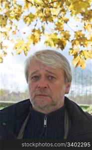 Portrait of mature serious man with grey hair in autumn day.
