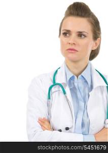 Portrait of medical doctor woman looking on copy space