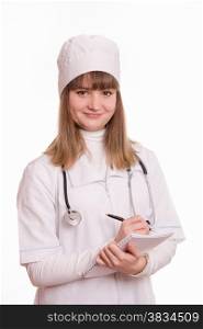 Portrait of medical worker in a white coat, hat, with documents and pen
