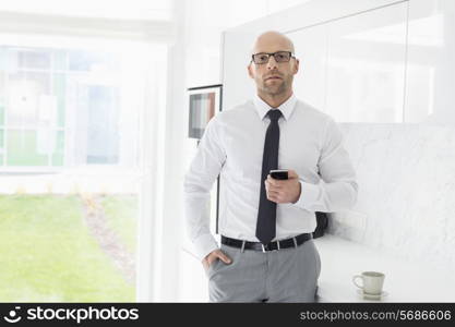 Portrait of mid adult businessman holding smart phone at home