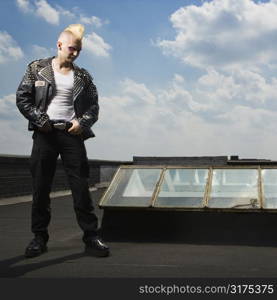 Portrait of mid-adult Caucasian male punk standing on roof.