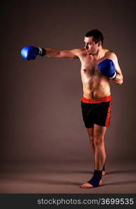 portrait of mma fighter in boxing pose on gray background