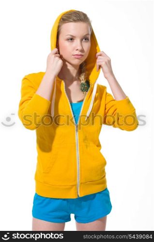 Portrait of modern teenager girl adjusting draped hood
