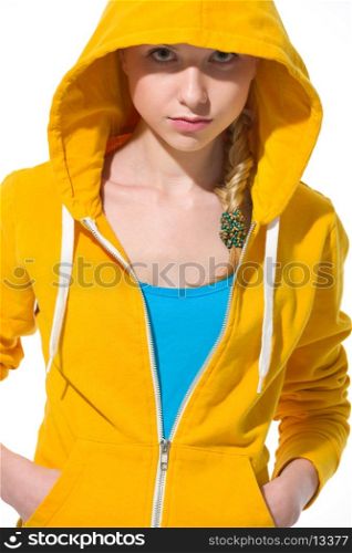 Portrait of modern teenager girl in sweater with draped hood