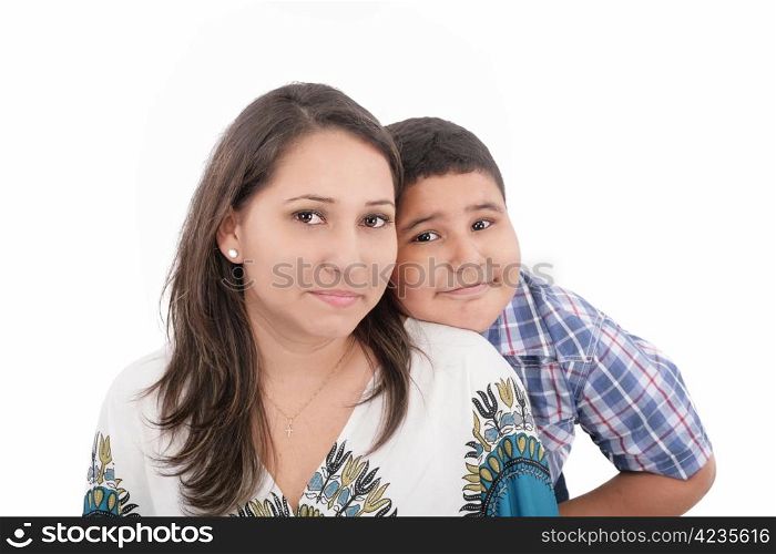 Portrait of mother and child, isolated on white