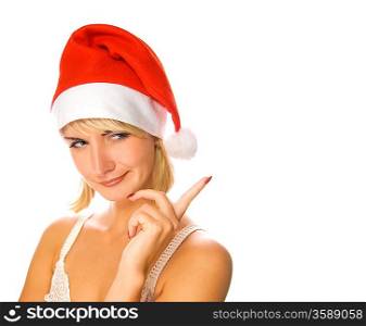 Portrait of Mrs. Santa pointing her finger. Isolated on white background