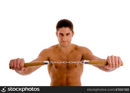 portrait of muscular man in action on an isolated white background