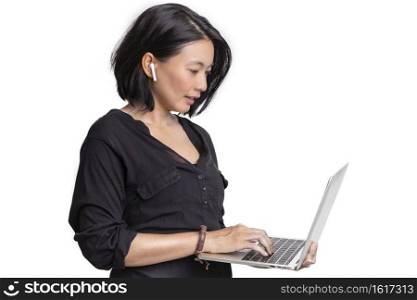 Portrait of new generation asian businesswoman working on laptop computer isolated on white background