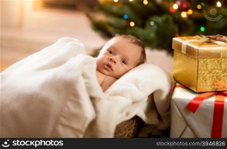 Portrait of newborn baby boy lying under blanket next to Christmas tree and gift boxes
