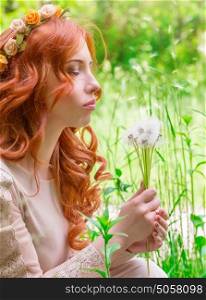 Portrait of nice dreamy woman on fresh green field with dandelion flower bouquet, having fun in the park, enjoy spring nature with closed eyes