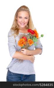 Portrait of nice girl with floral bouquet isolated on white background, beautiful autumn flowers, Thanksgiving day, holiday celebration concept
