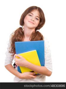 Portrait of nice happy schoolgirl with books in hands isolated on white background, preparing to lessons, back to school, education concept