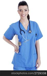 Portrait of nurse holding the clipboard over white background